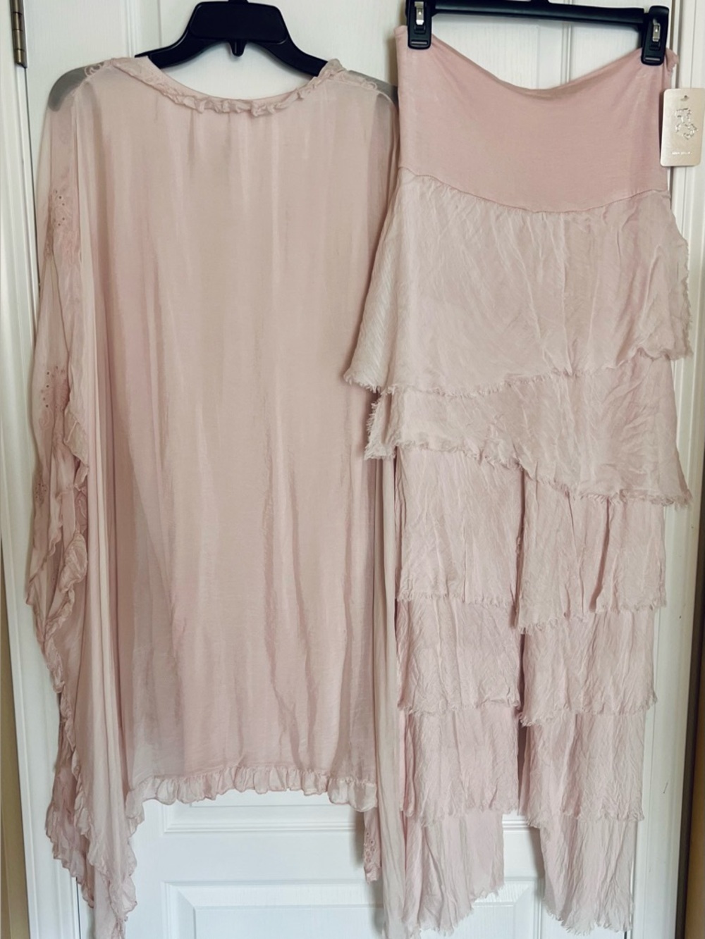Romantic Blush Pink Silk Embroidered Boho Tunic Top Ruffle Pants Set Fairycore - Picture 5 of 16